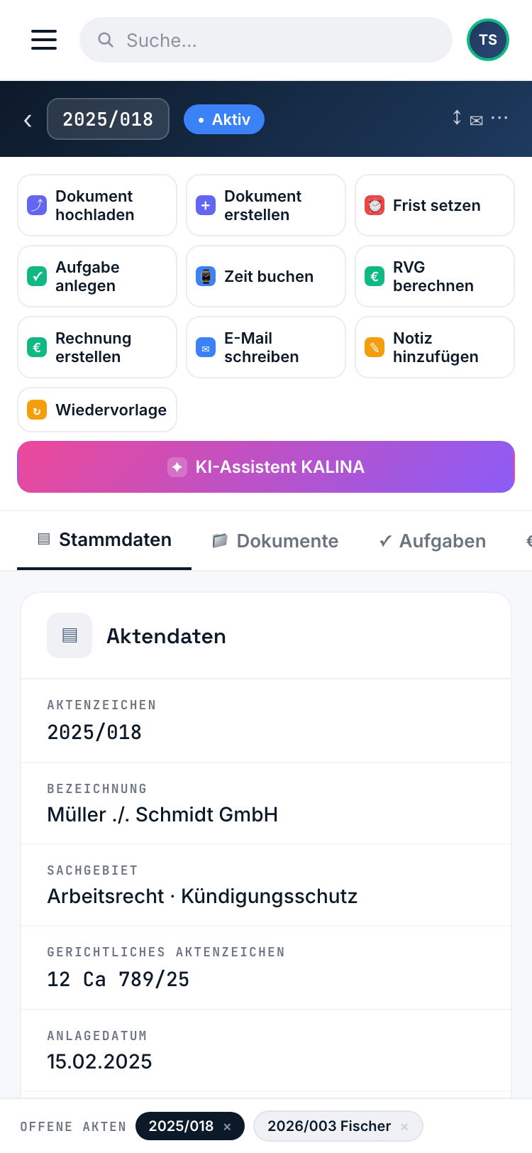 SILCROW Mobile Modul-Übersicht mit 6 farbigen Rubrik-Karten — Aktenführung, Finanzen, Kommunikation, Spezialmodule, Werkzeuge, Kanzlei und System
