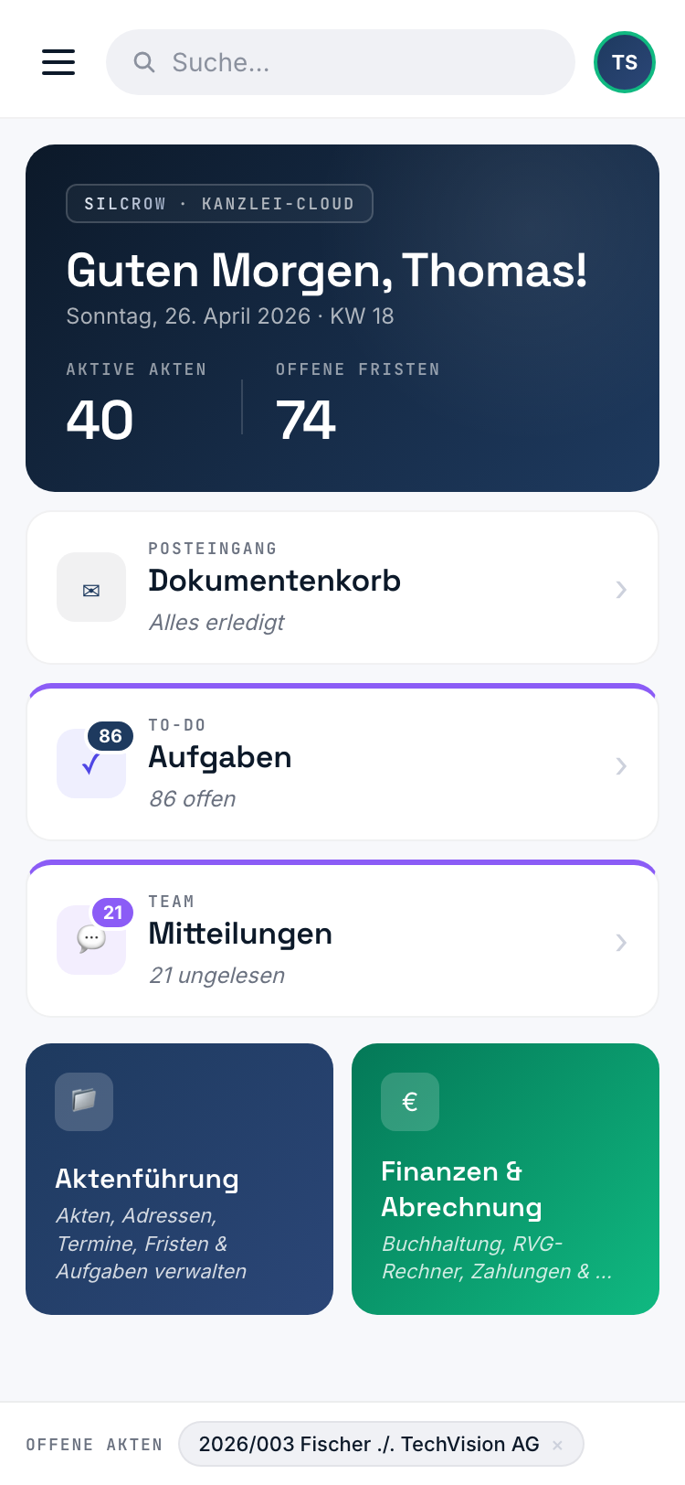SILCROW Mobile App — gleicher Dashboard-Stand wie im Browser