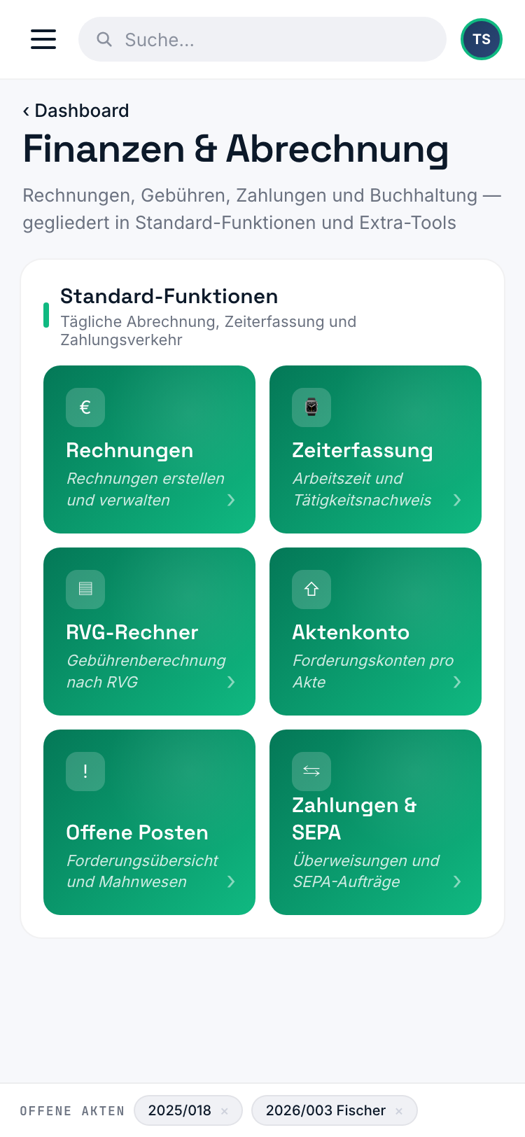 SILCROW Mobile Finanzen-Modul Detail mit Rechnungen, Zeiterfassung, RVG-Rechner, Aktenkonto, Offene Posten und SEPA