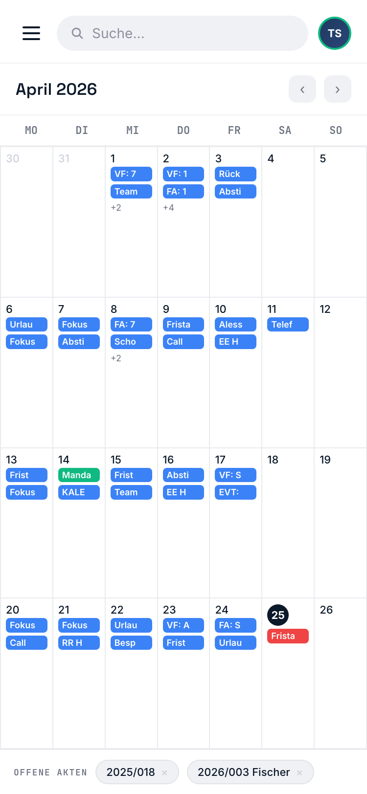 SILCROW Mobile Kalender — Monatsansicht mit farbigen Terminen, Verfahrensterminen, Fristen und Mandantenmeetings