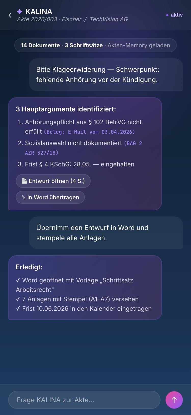 SILCROW KI-Assistent KALINA Chat-Beispiel — Schriftsatz-Entwurf mit 3 Argumenten zu BetrVG, Sozialauswahl, KSchG